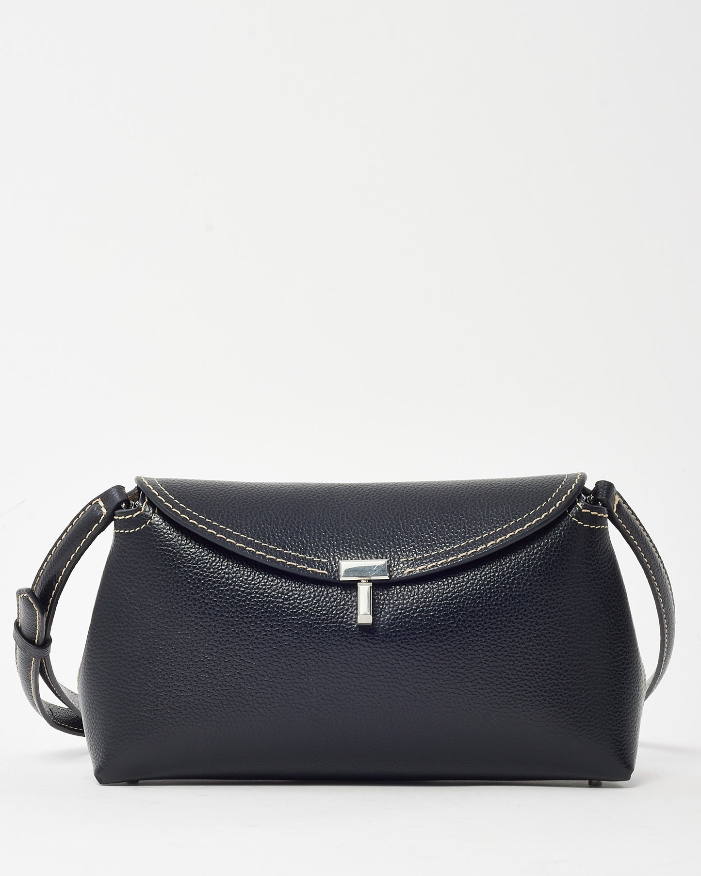 Totême Black Leather and White Stitching T-Lock Clutch Bag w/ Strap