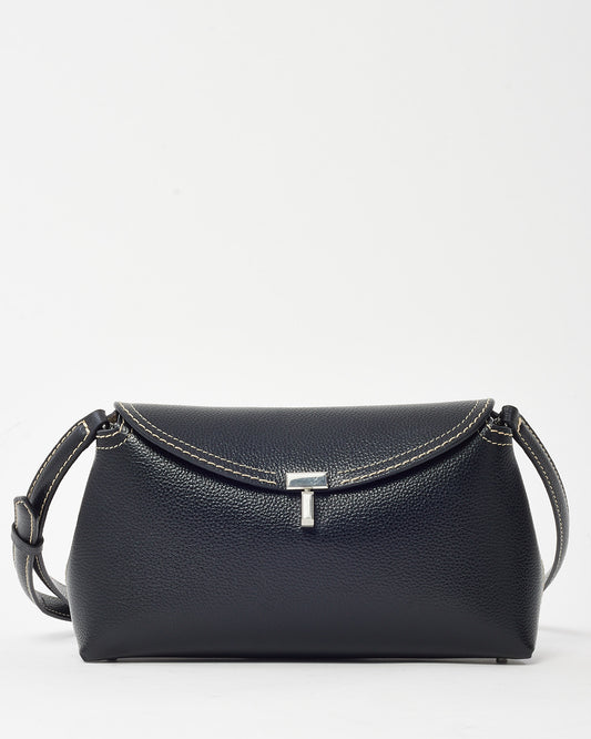 Totême Black Leather and White Stitching T-Lock Clutch Bag w/ Strap