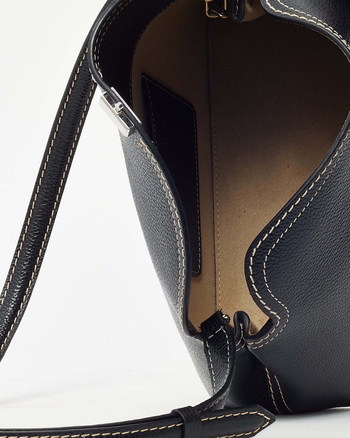 Totême Black Leather and White Stitching T-Lock Clutch Bag w/ Strap