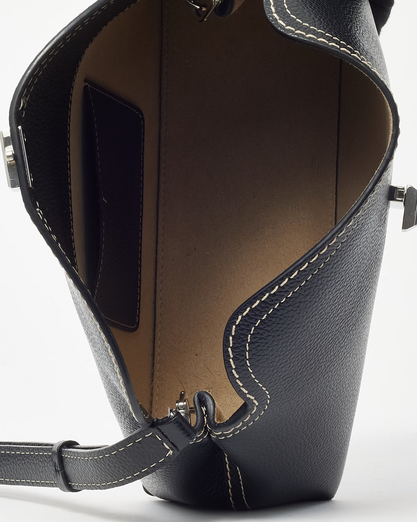 Totême Black Leather and White Stitching T-Lock Clutch Bag w/ Strap