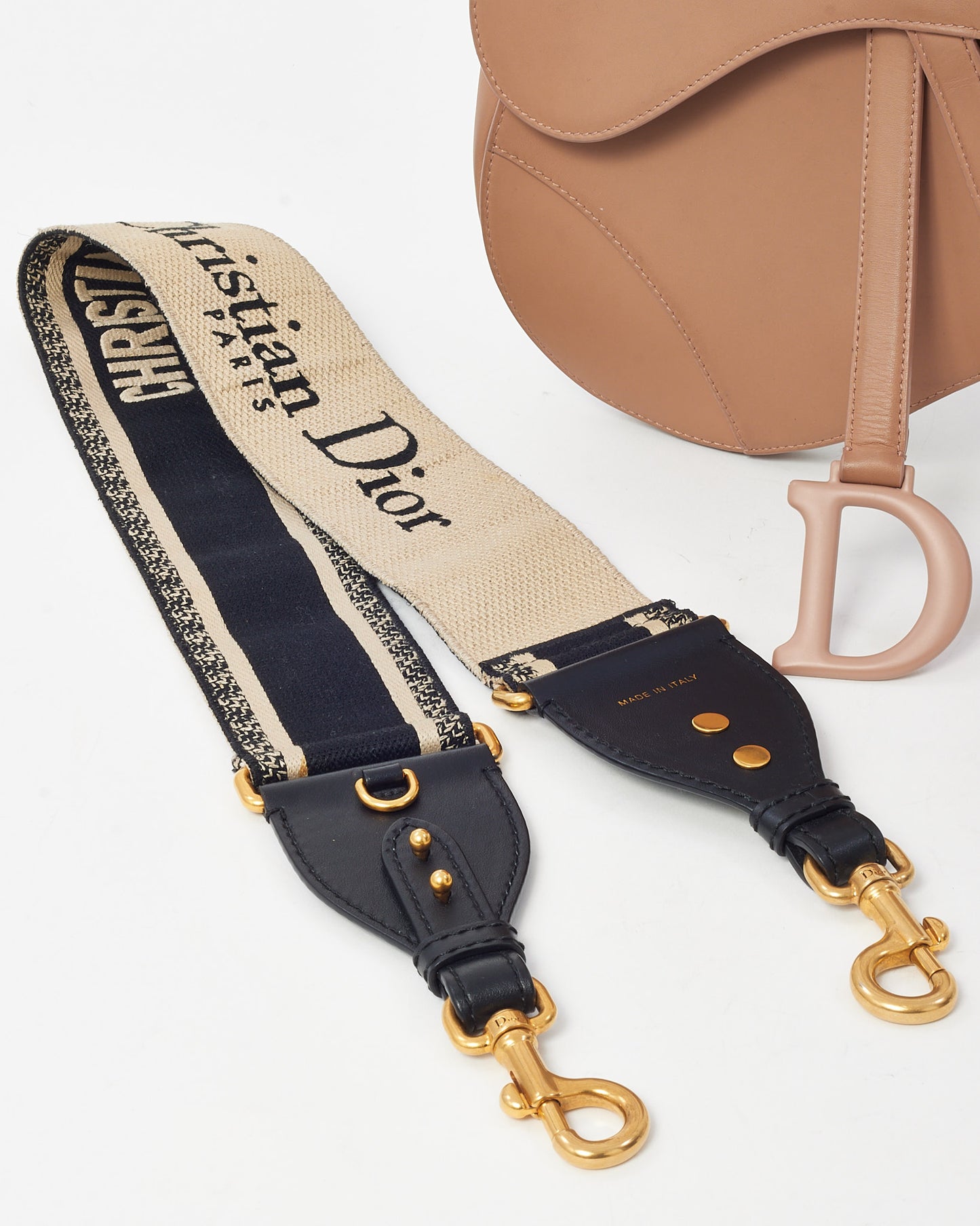 Dior Beige Ultramatte Calfskin Leather Saddle Bag with Black Christian Dior Paris Embroidery Strao