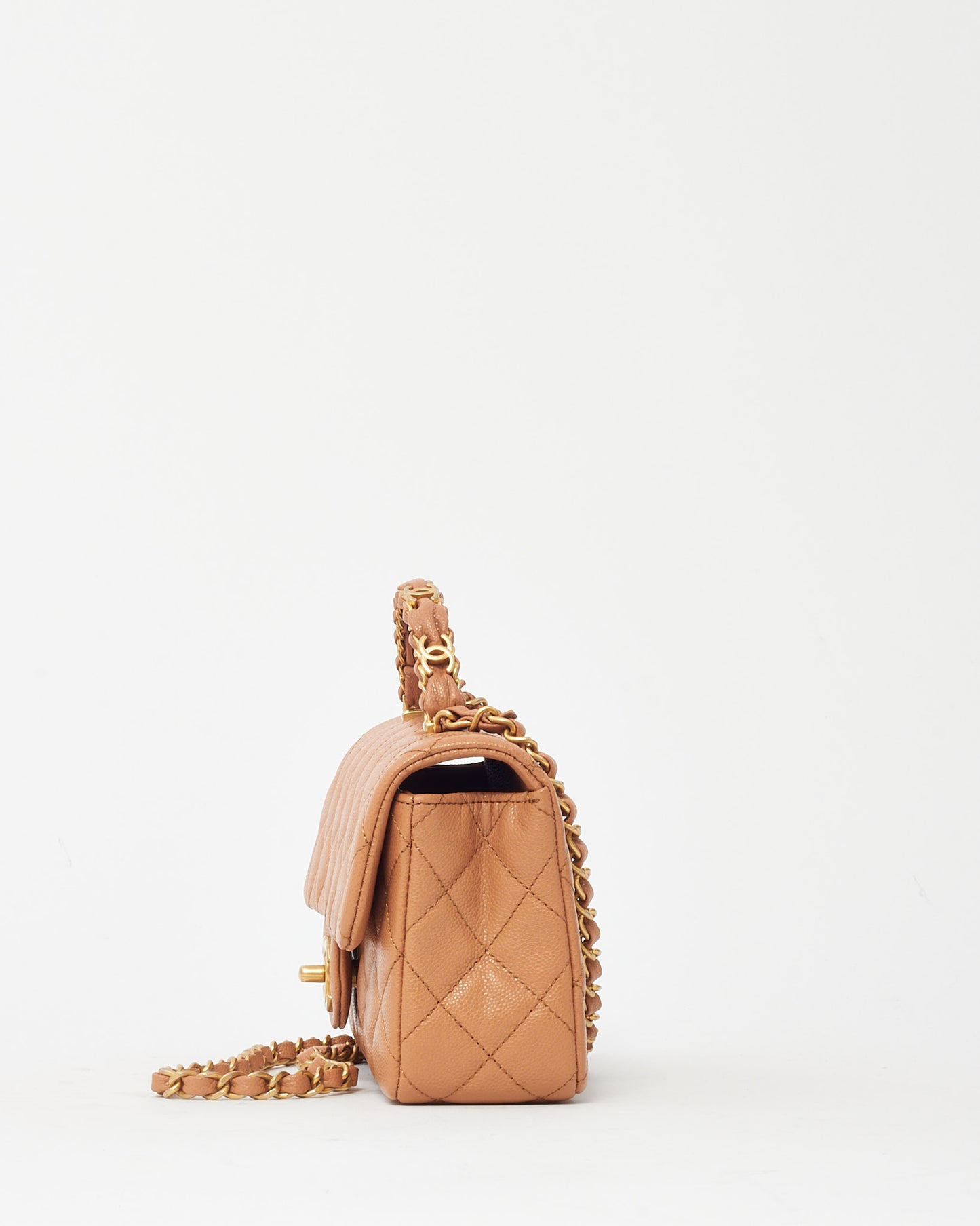 Chanel Camel Beige Caviar Shiny Calfskin Leather Mini Rectangular Flap Bag with Top Handle GHW