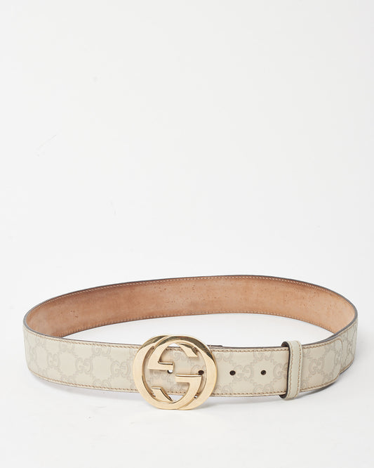 Gucci White Monogram Signature G Leather Gold Interlocking G Buckle Belt- 95/36