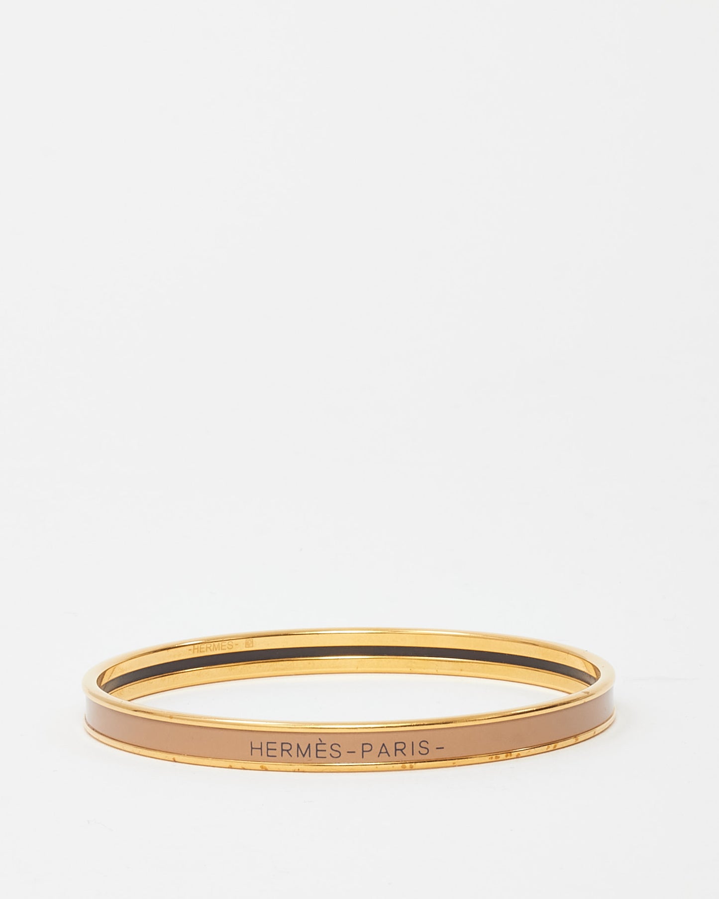 Hermès Gold and Beige Enamelled Uni Logo Extra Narrow Bangle - M