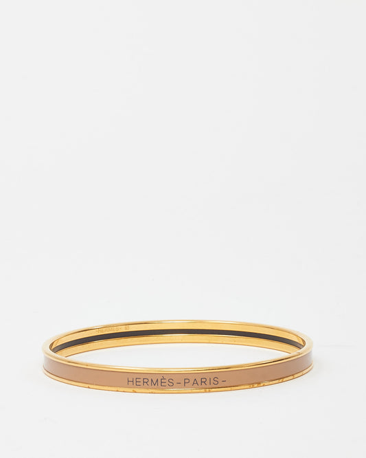 Hermès Gold and Beige Enamelled Uni Logo Extra Narrow Bangle - M