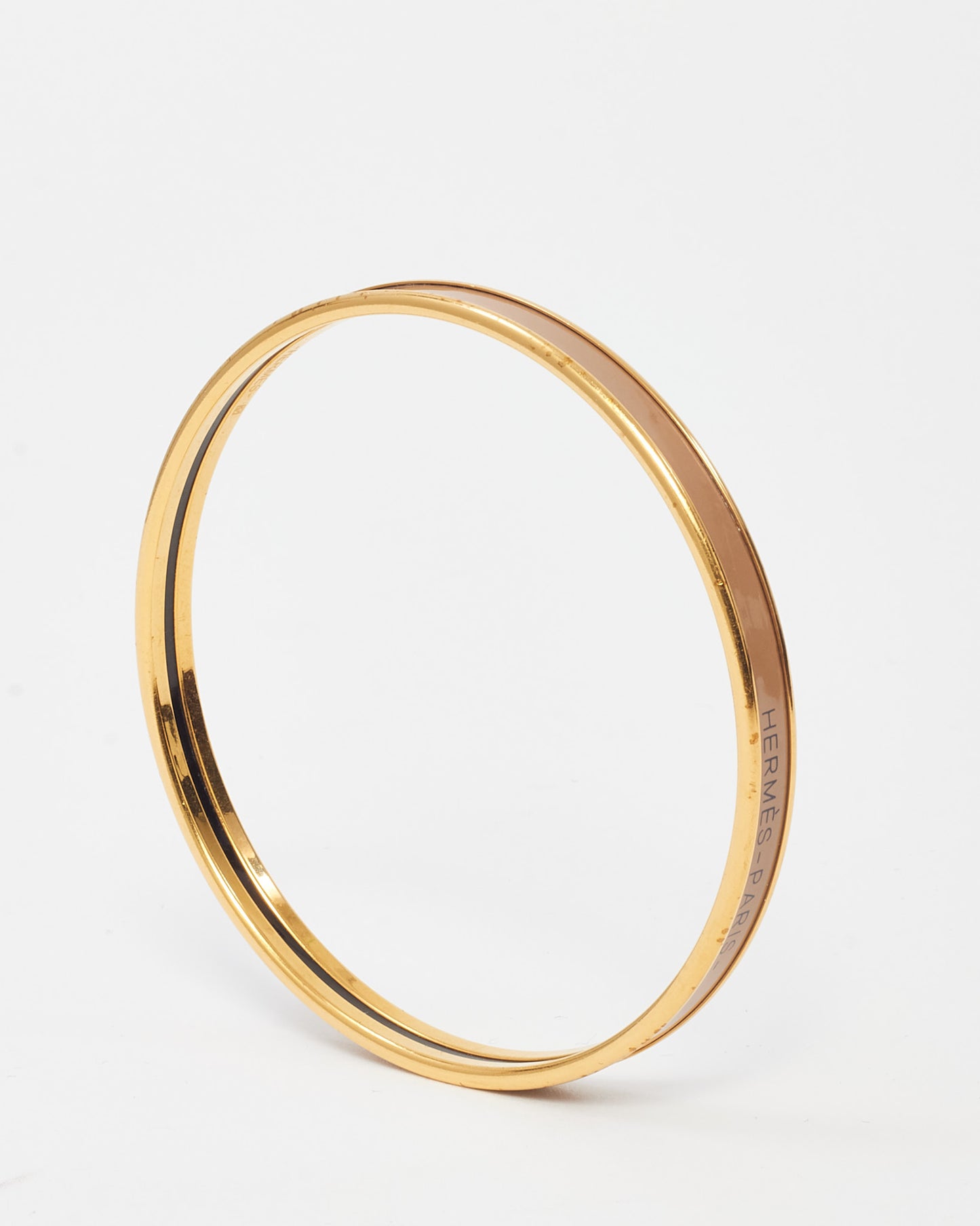 Hermès Gold and Beige Enamelled Uni Logo Extra Narrow Bangle - M
