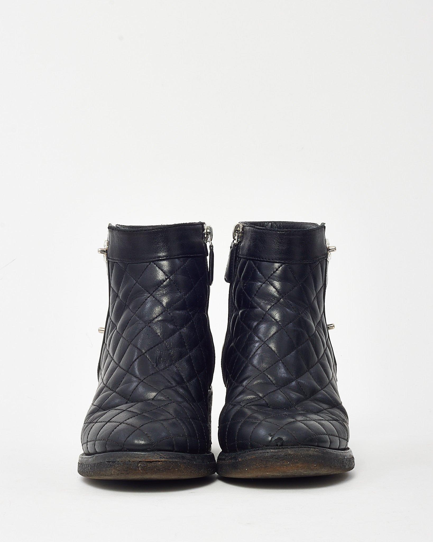 Buy Chanel Black Quilted Leather CC Logo Short Zip Boots - 38