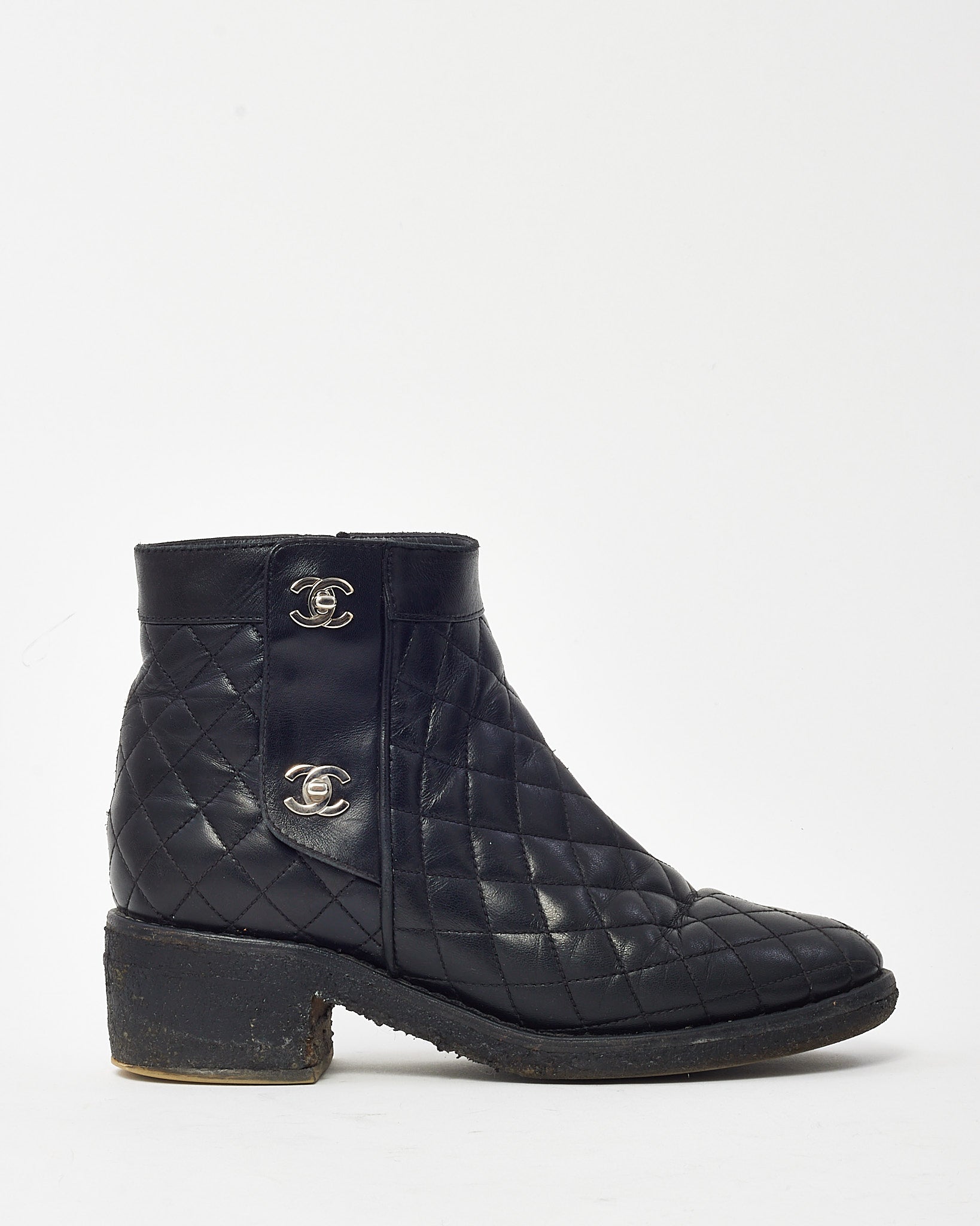 Buy Chanel Black Quilted Leather CC Logo Short Zip Boots - 38