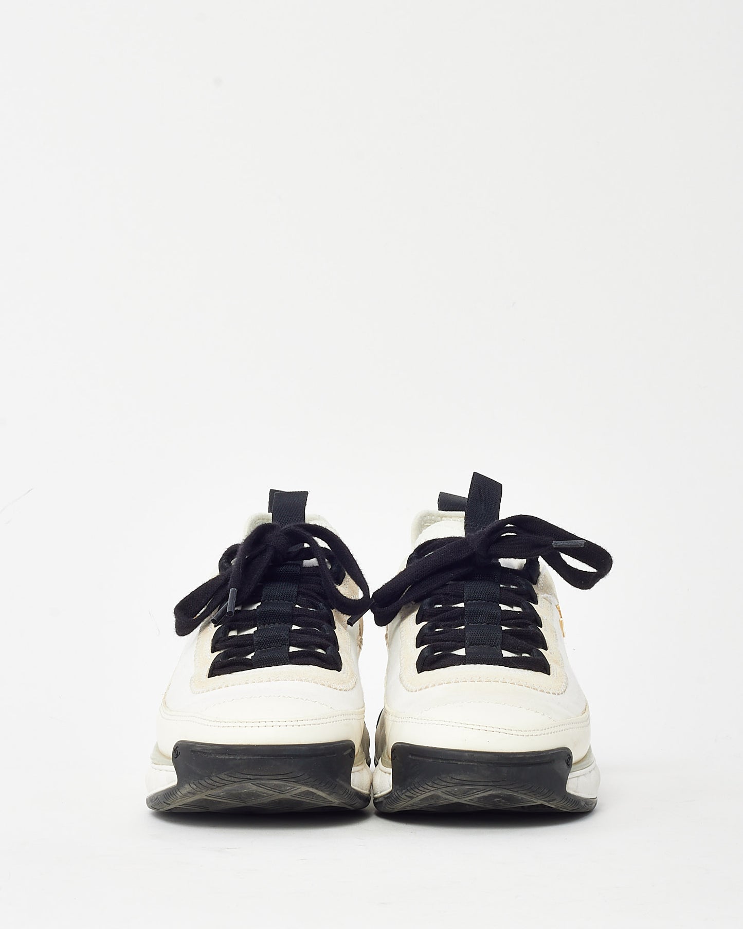 Chanel Beige, Black & White Suede and Mixed Fibers CC Logo Sneakers - 38