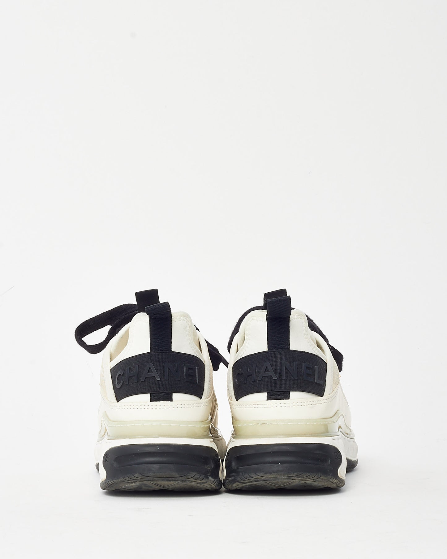 Chanel Beige, Black & White Suede and Mixed Fibers CC Logo Sneakers - 38