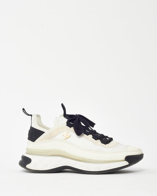 Chanel Beige, Black & White Suede and Mixed Fibers CC Logo Sneakers - 38