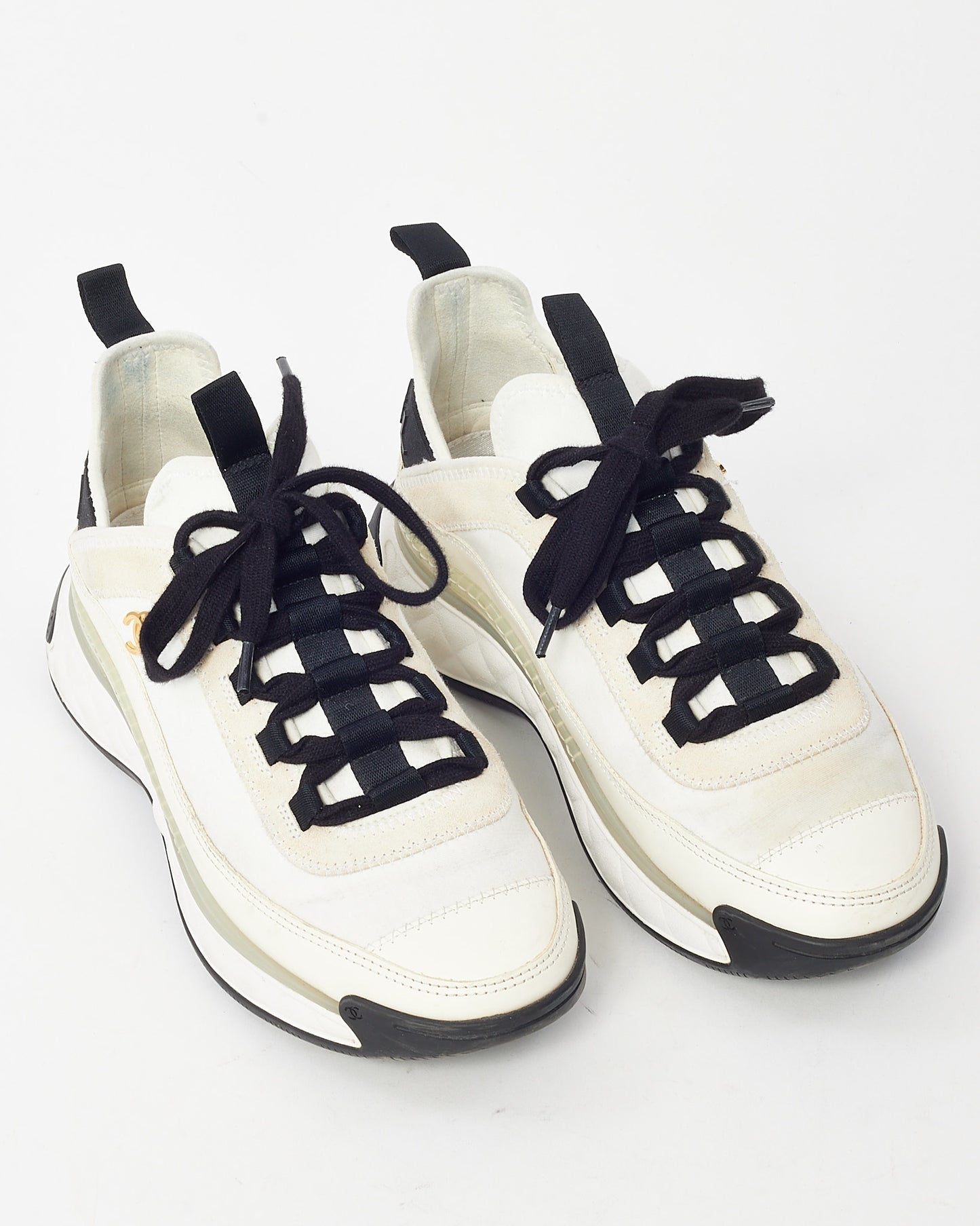 Chanel Beige, Black & White Suede and Mixed Fibers CC Logo Sneakers - 38