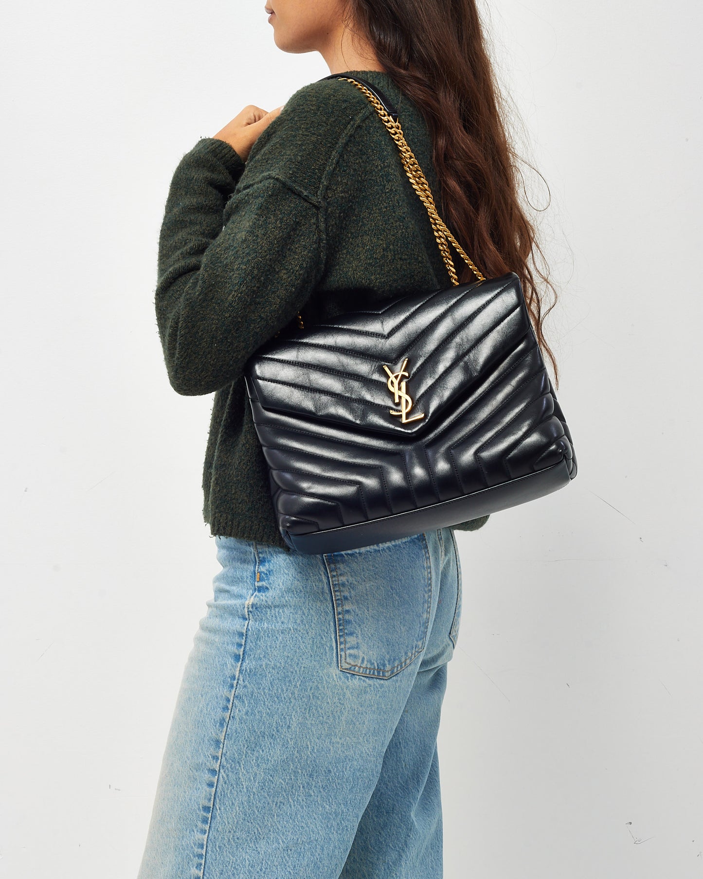 Saint Laurent Black Chevron Leather Medium Loulou Shoulder Bag GHW