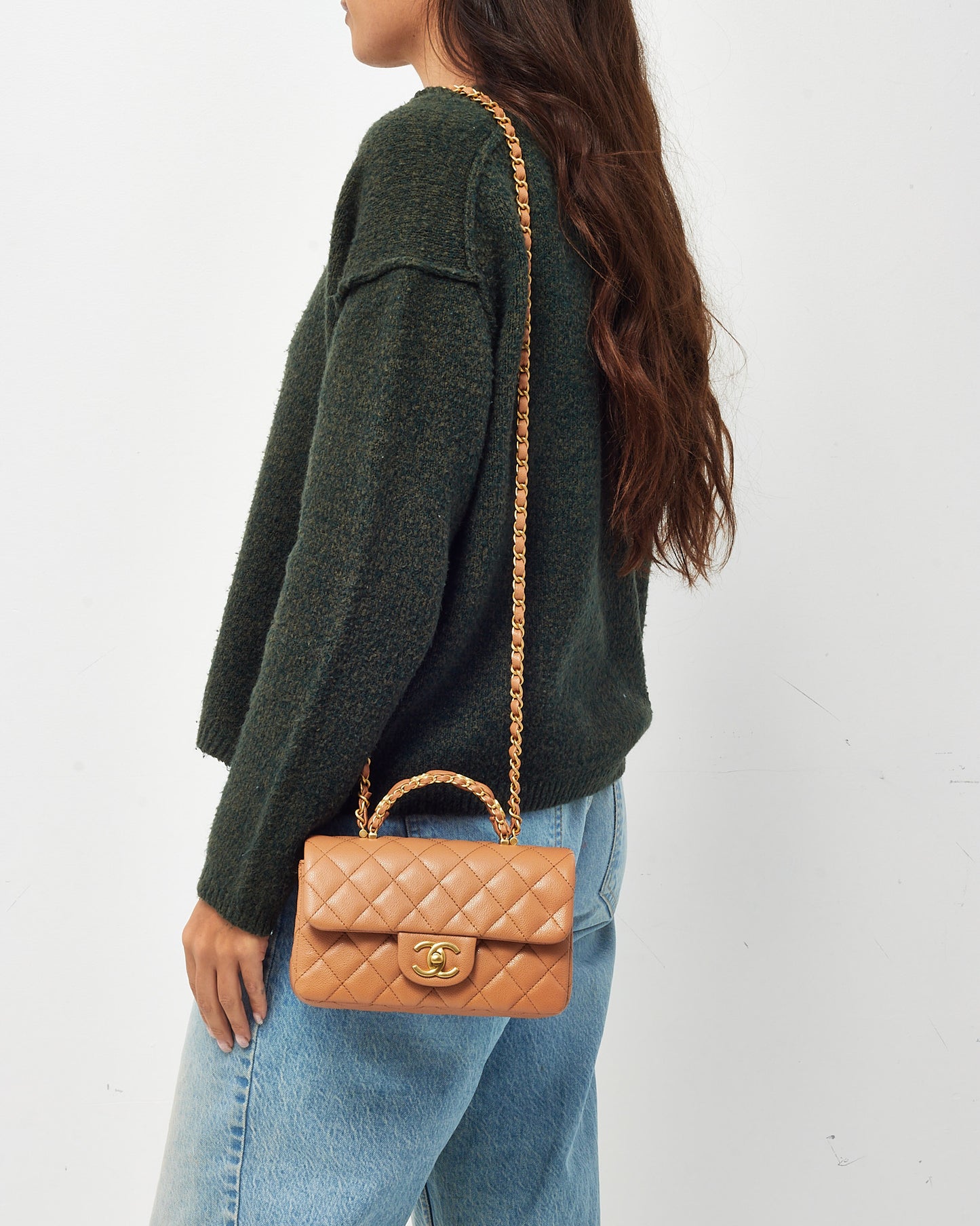 Chanel Camel Beige Caviar Shiny Calfskin Leather Mini Rectangular Flap Bag with Top Handle GHW