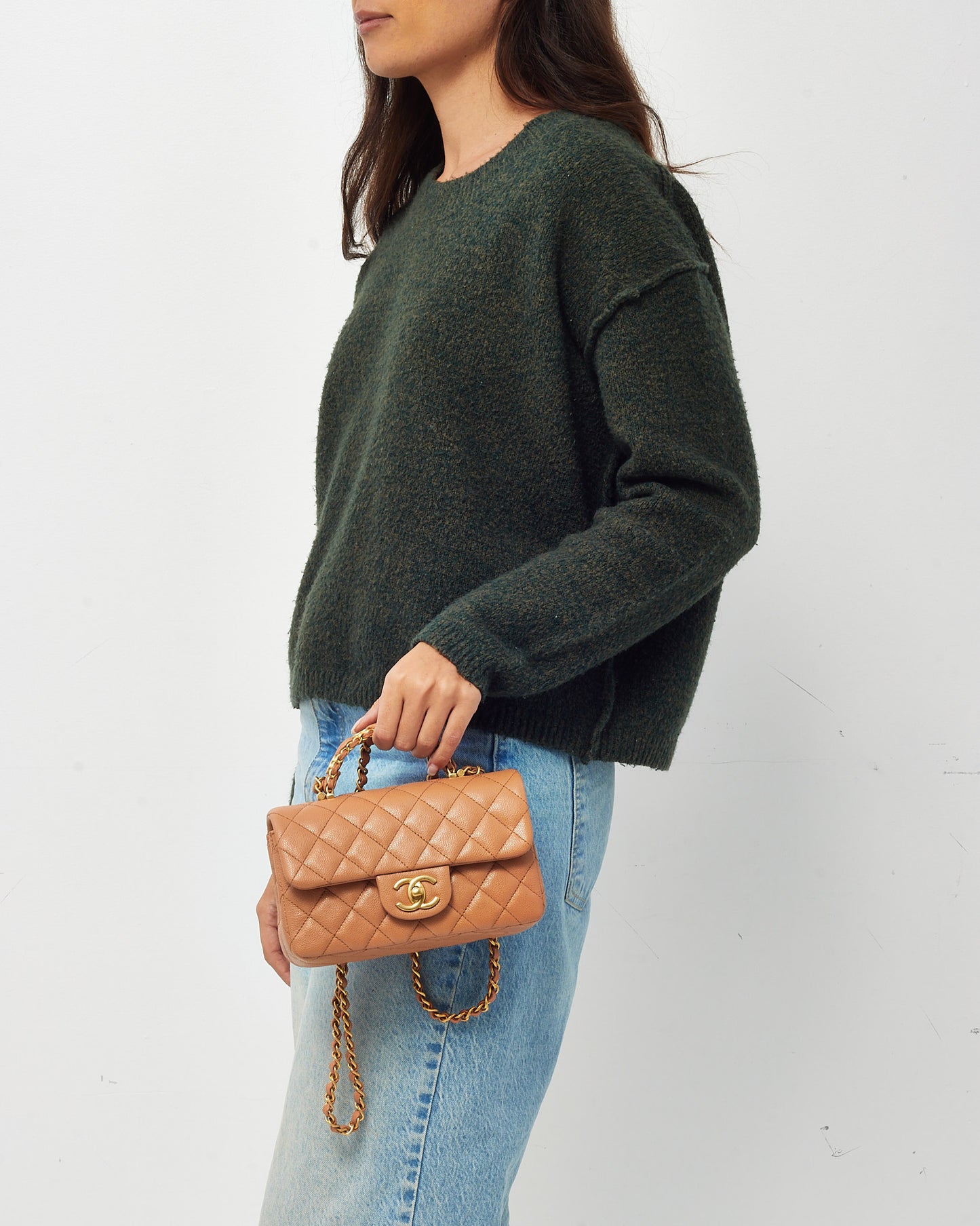 Chanel Camel Beige Caviar Shiny Calfskin Leather Mini Rectangular Flap Bag with Top Handle GHW