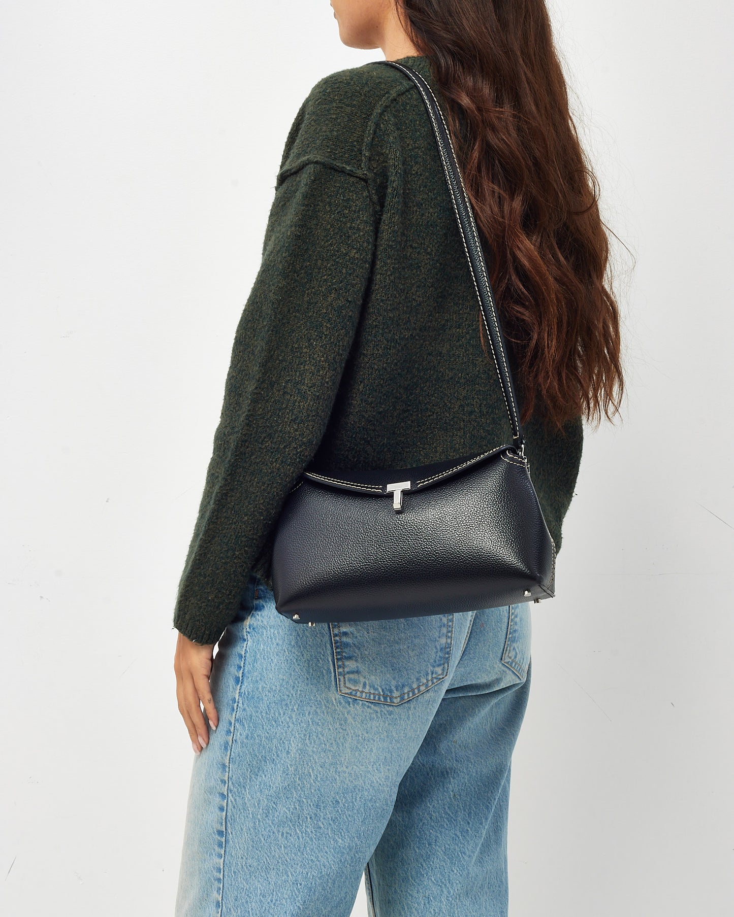 Totême Black Leather and White Stitching T-Lock Clutch Bag w/ Strap