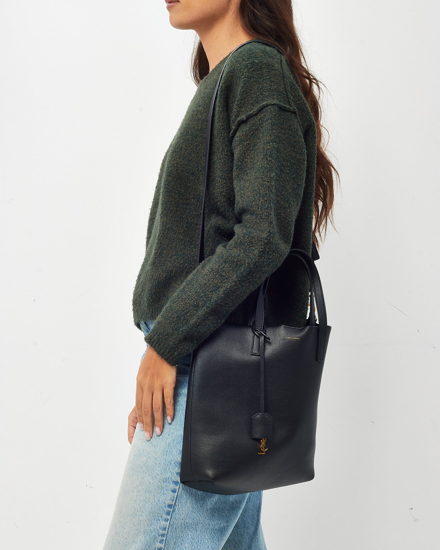 Saint Laurent Black Leather Toy N/S Shopping Tote with Strap