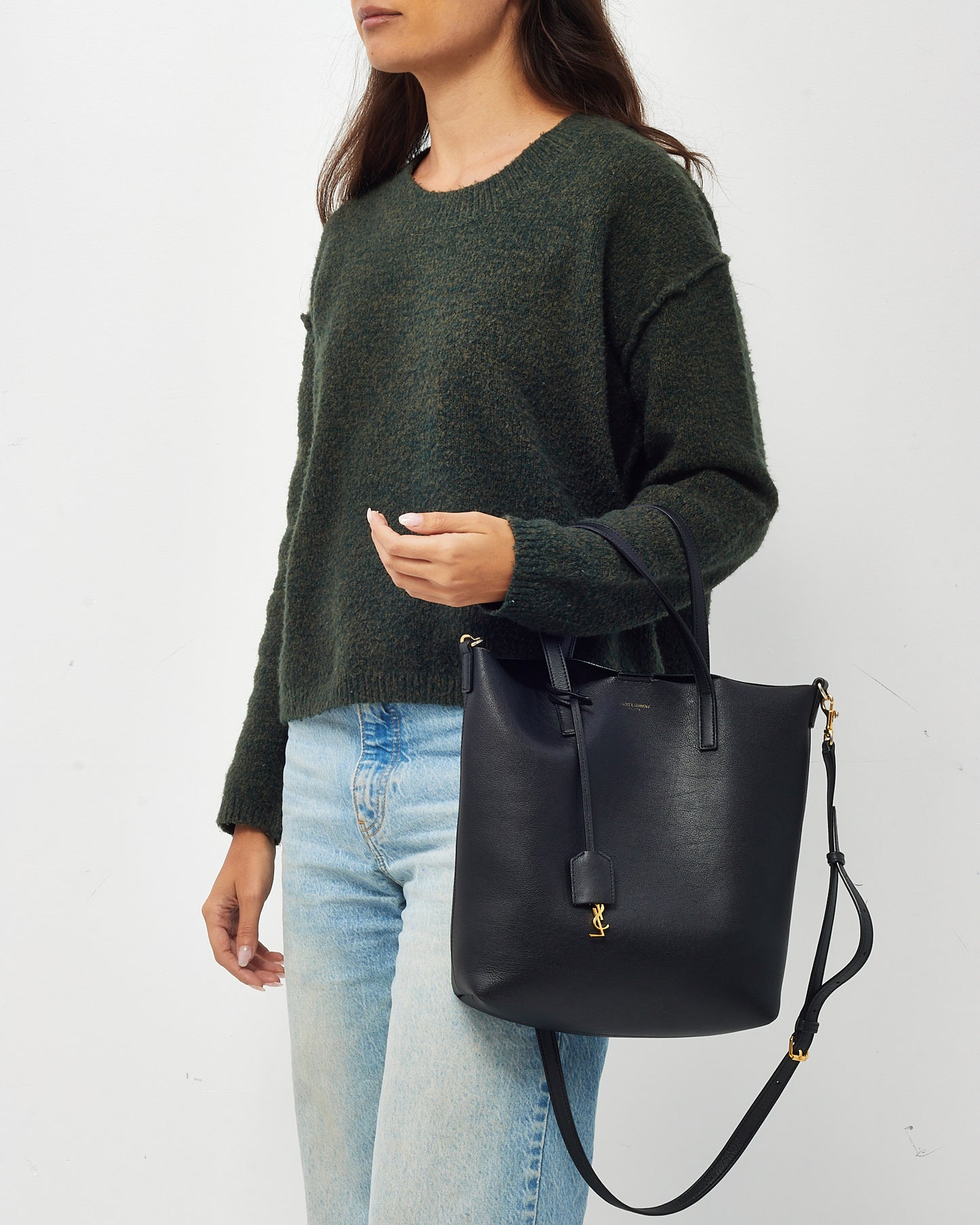 Saint Laurent Black Leather Toy N/S Shopping Tote with Strap