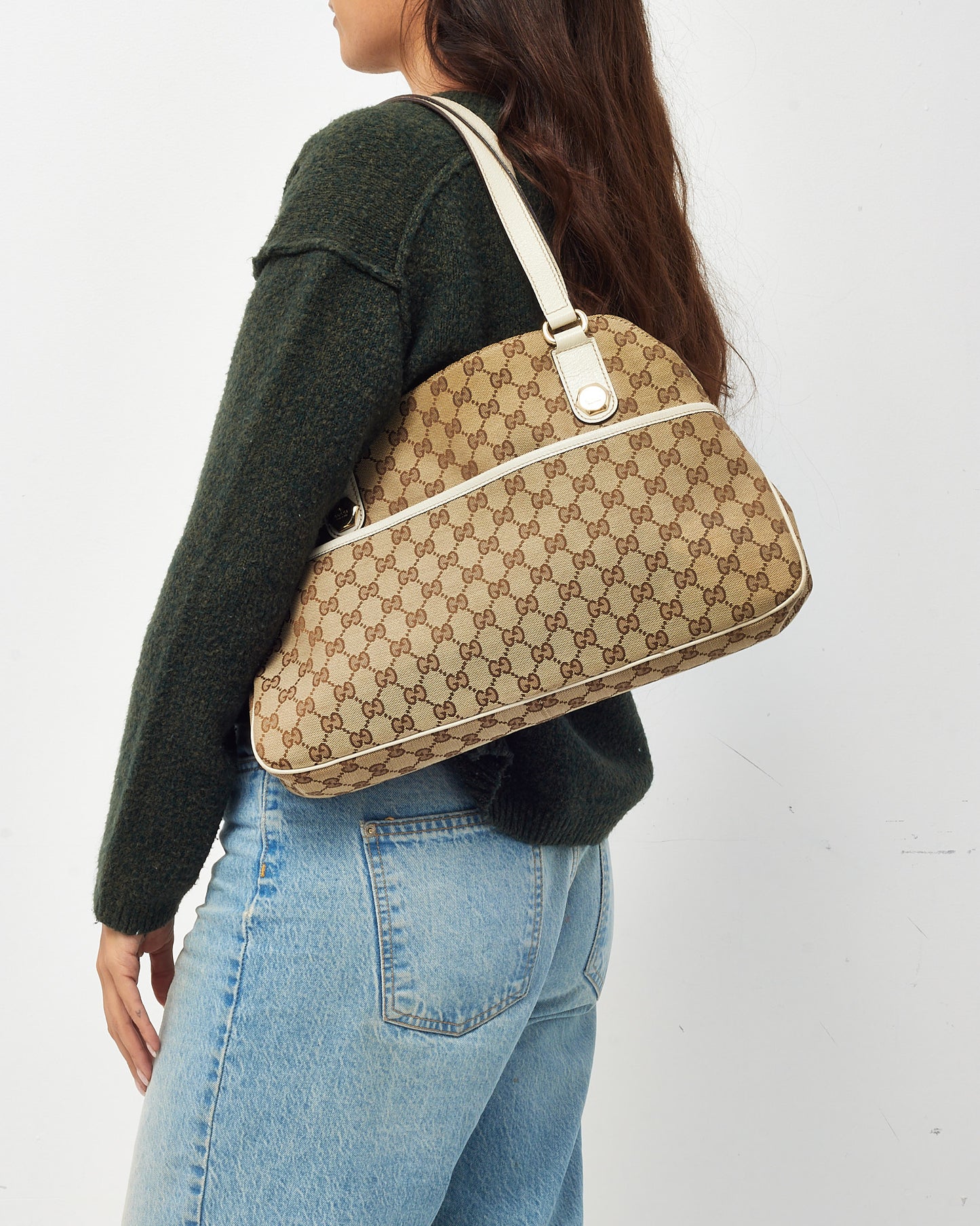 Gucci White Leather and Beige and Brown GG Monogram Canvas Charmy Shoulder Bag
