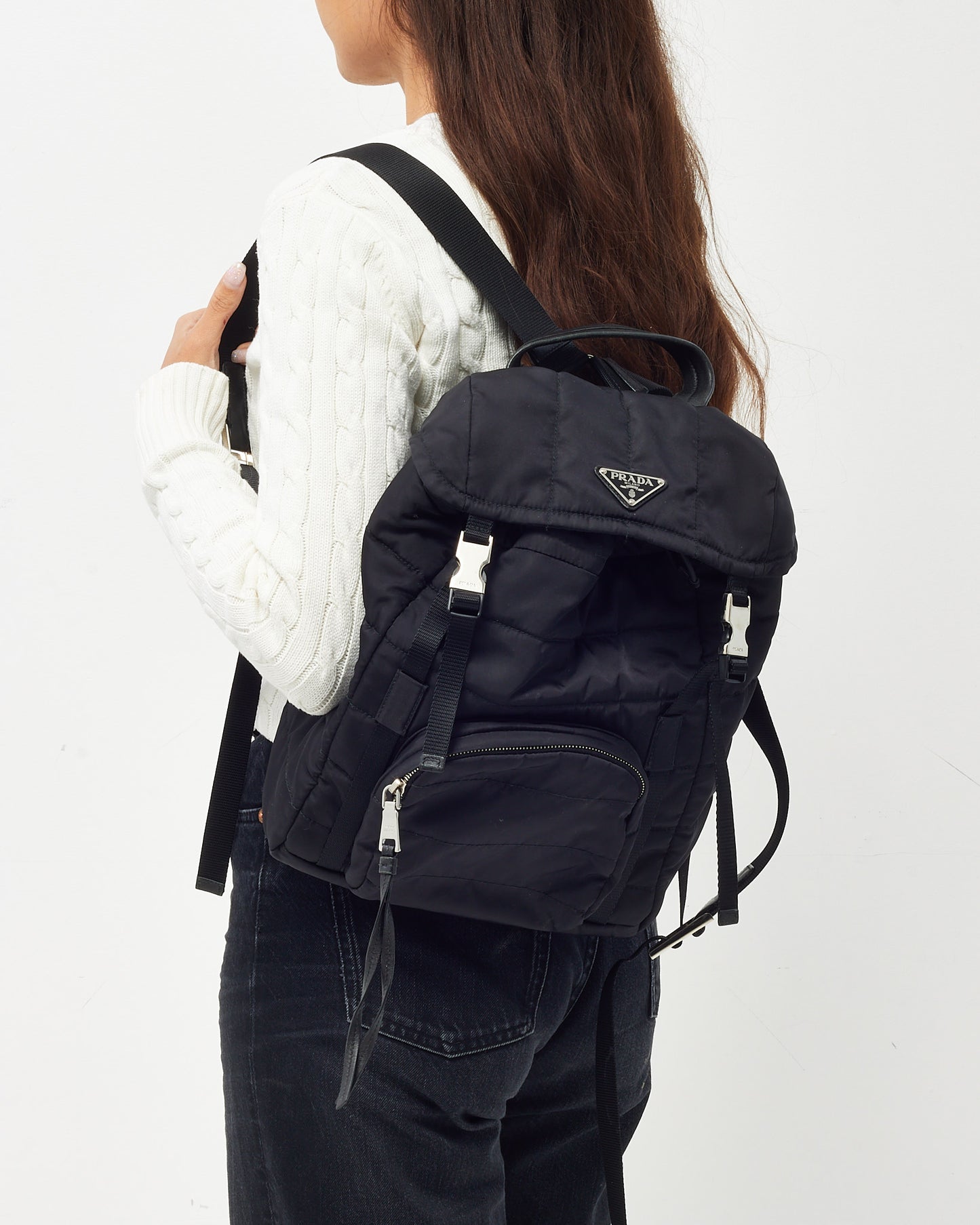 Prada Black Tessuto Nylon Logo Buckle 1BZ002 Backpack