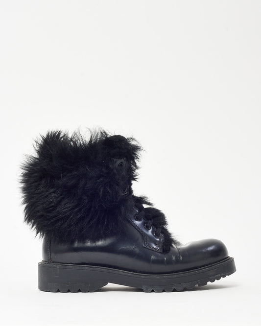 Prada Black Leather & Fur Combat Boots - 36