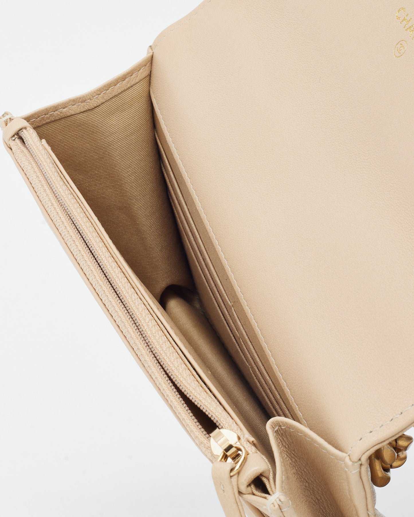 Chanel Beige Shiny Lambskin Quilted Leather Chanel 19 WOC Wallet on Chain Crossbody Bag