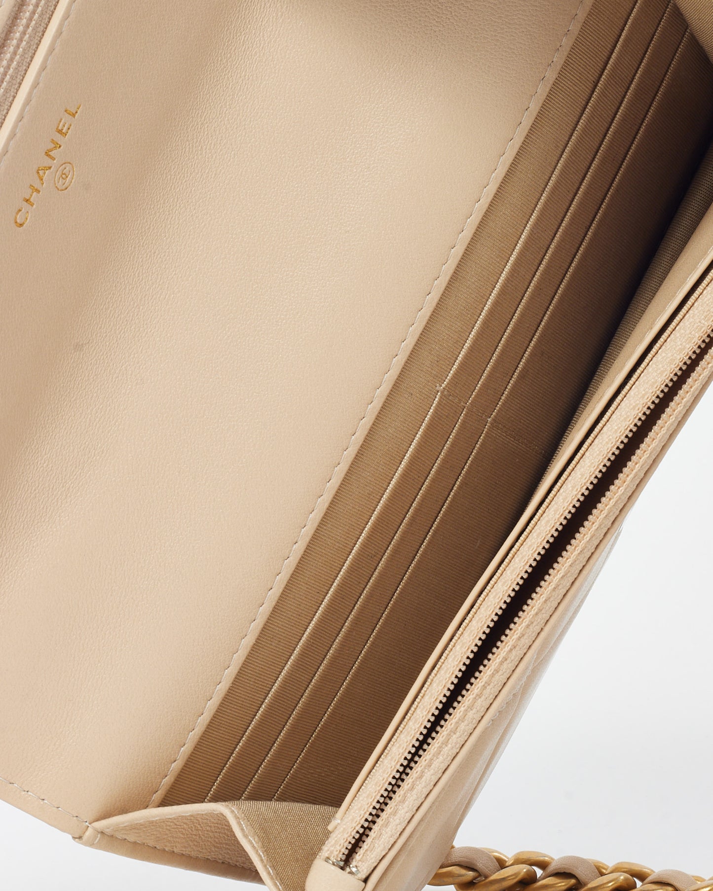 Chanel Beige Shiny Lambskin Quilted Leather Chanel 19 WOC Wallet on Chain Crossbody Bag