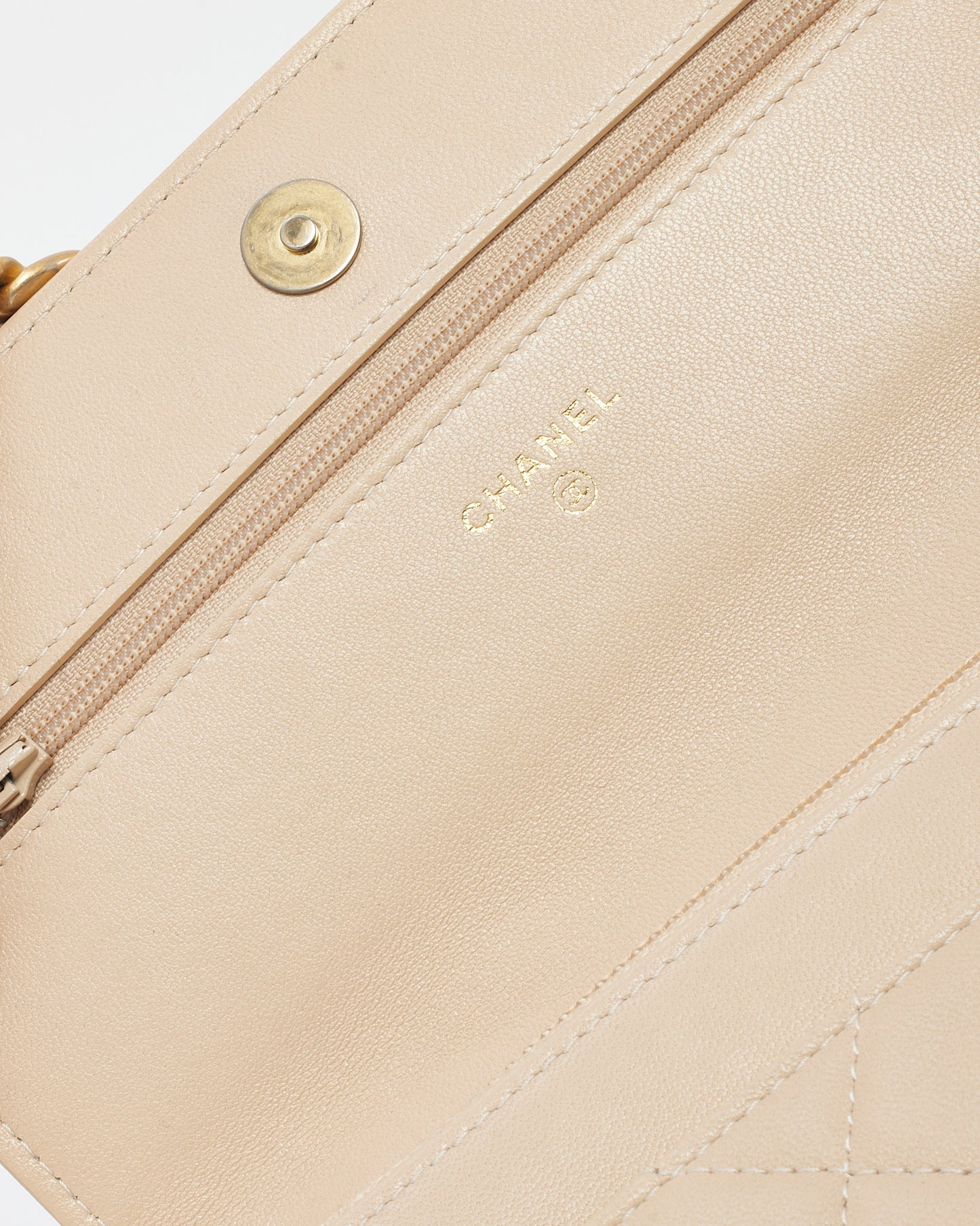 Chanel Beige Shiny Lambskin Quilted Leather Chanel 19 WOC Wallet on Chain Crossbody Bag