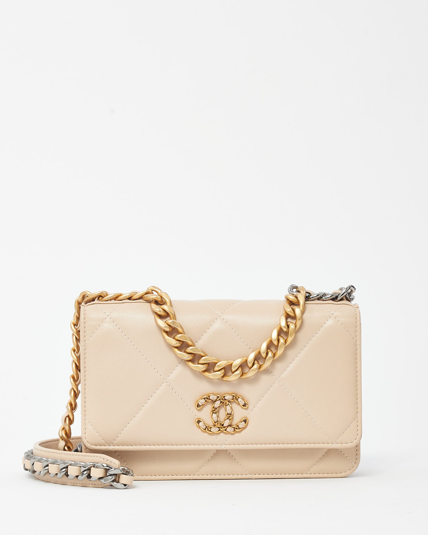 Chanel Beige Shiny Lambskin Quilted Leather Chanel 19 WOC Wallet on Chain Crossbody Bag