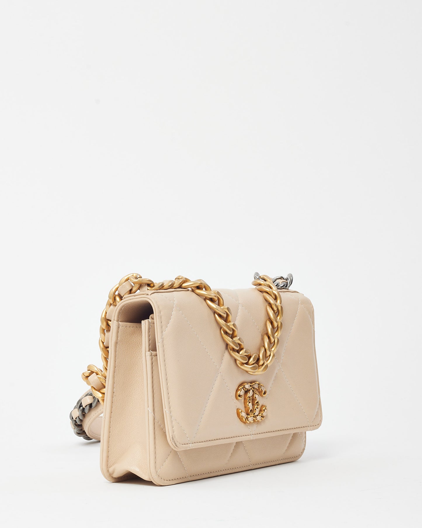 Chanel Beige Shiny Lambskin Quilted Leather Chanel 19 WOC Wallet on Chain Crossbody Bag