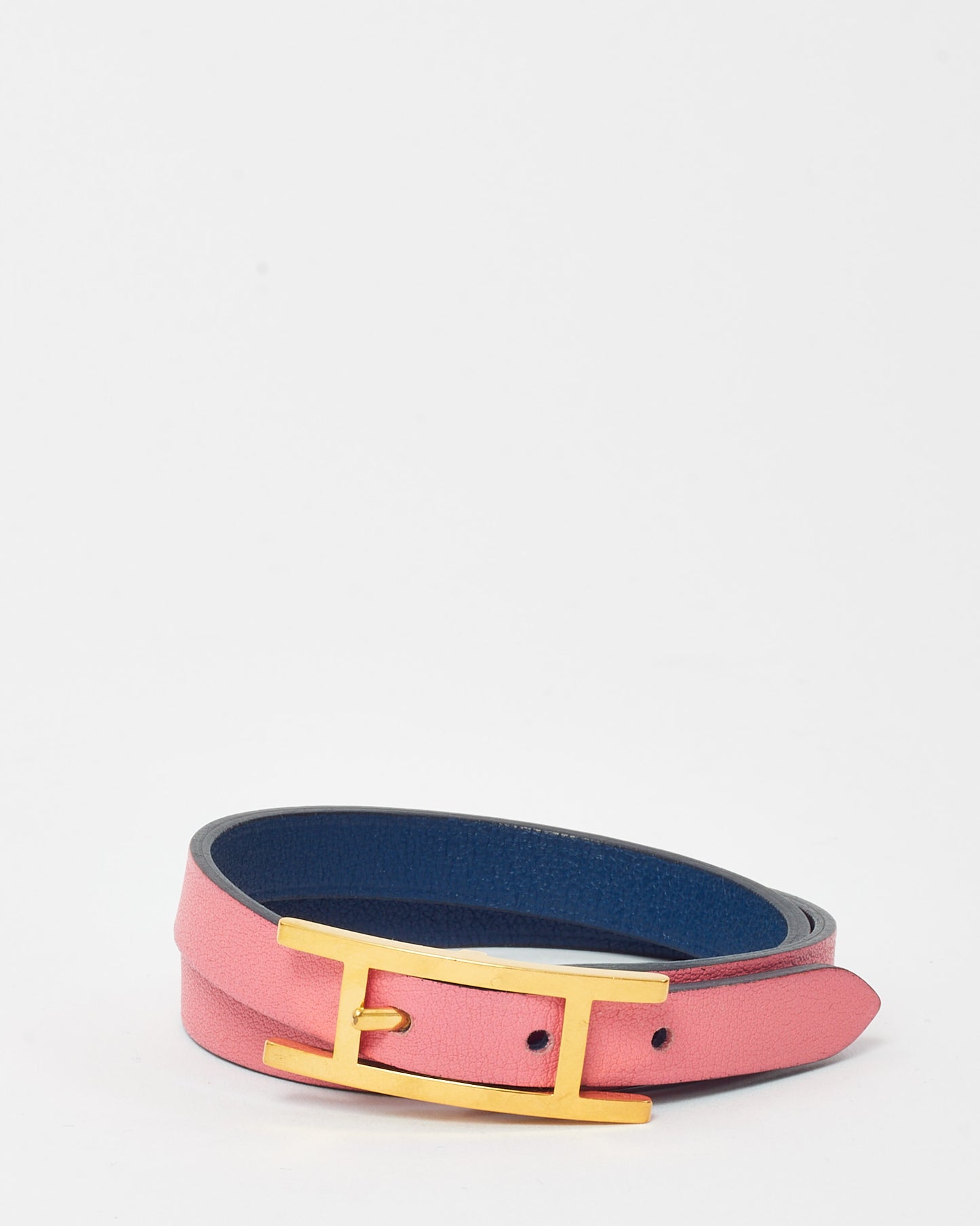 Hermès Pink and Navy Leather GHW Behapi Double Tour Bracelet - T2/S