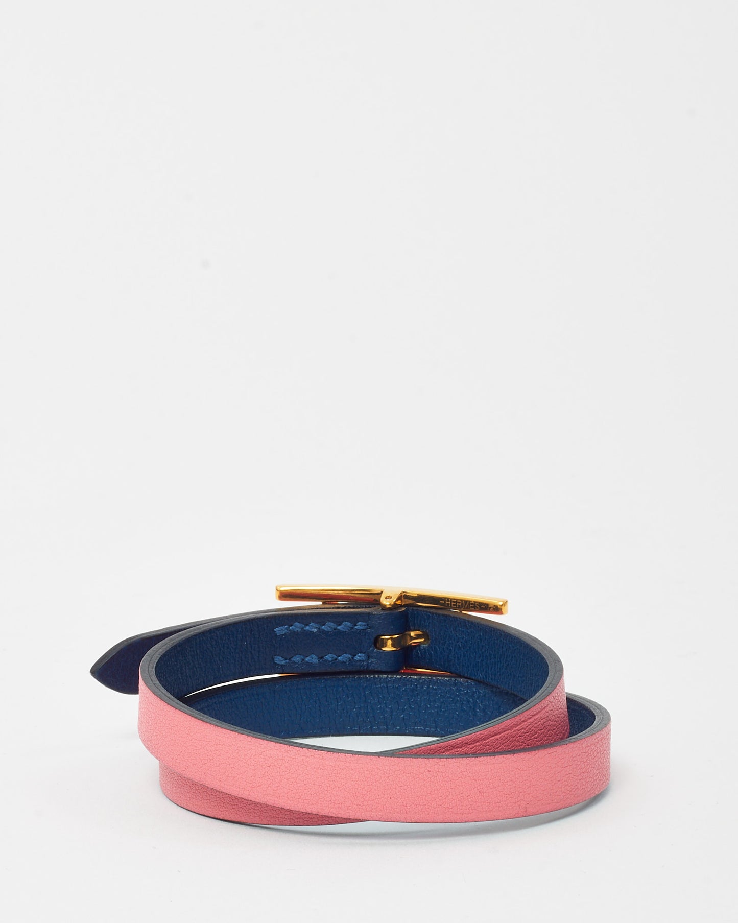 Hermès Pink and Navy Leather GHW Behapi Double Tour Bracelet - T2/S