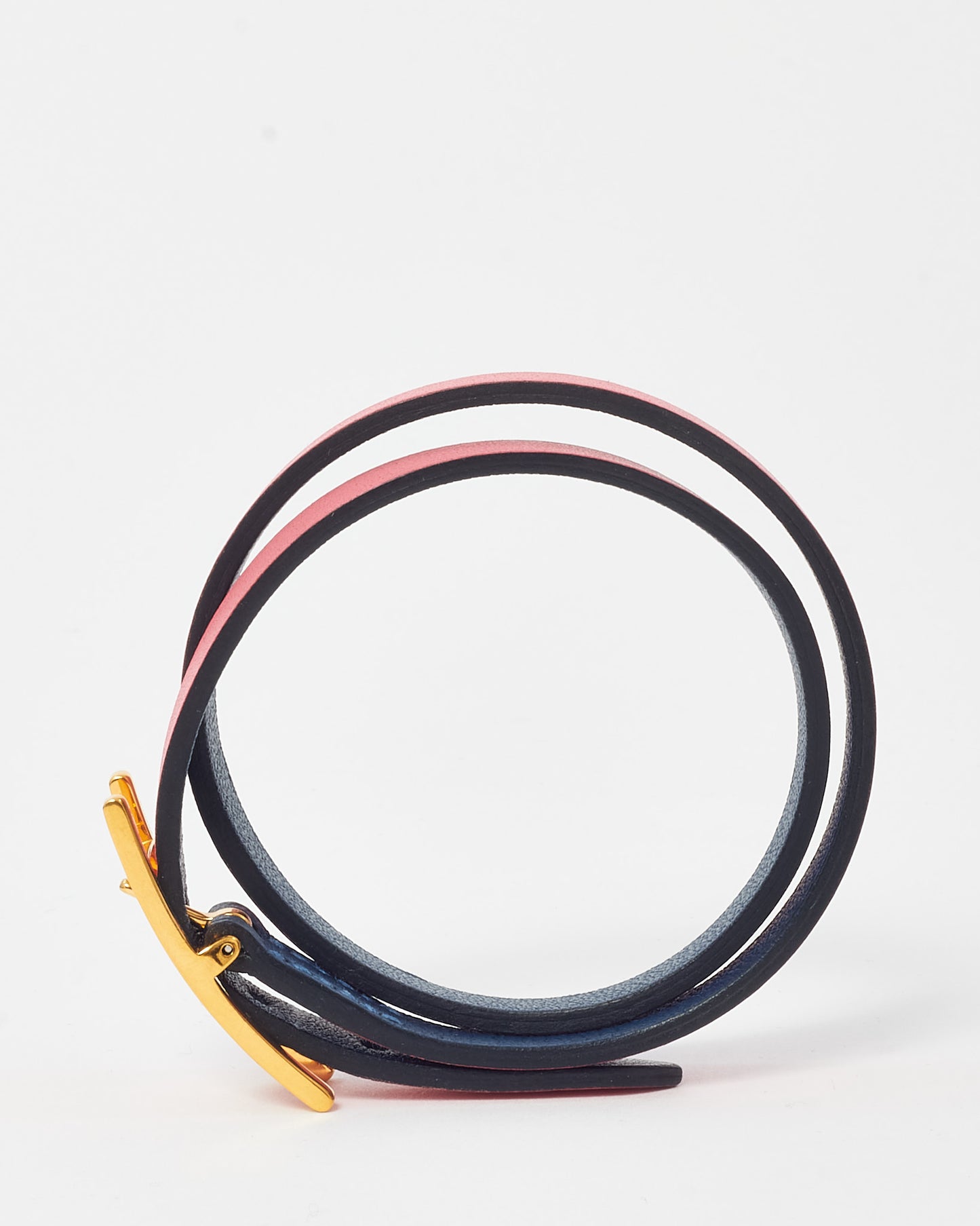 Hermès Pink and Navy Leather GHW Behapi Double Tour Bracelet - T2/S