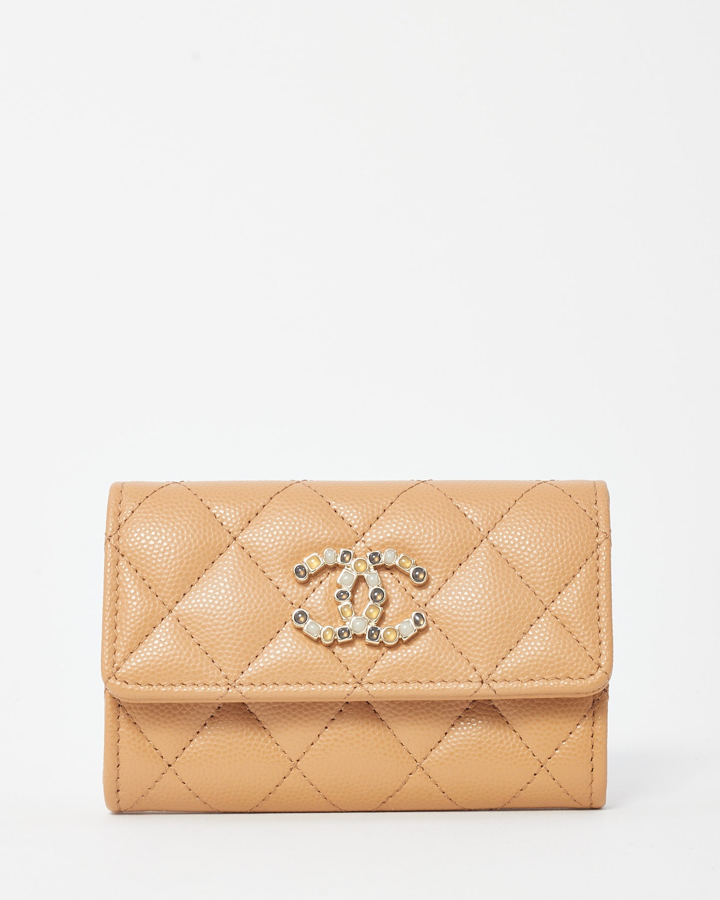 Chanel Tan Shiny Caviar Leather Chanel 19 Flap Card Holder