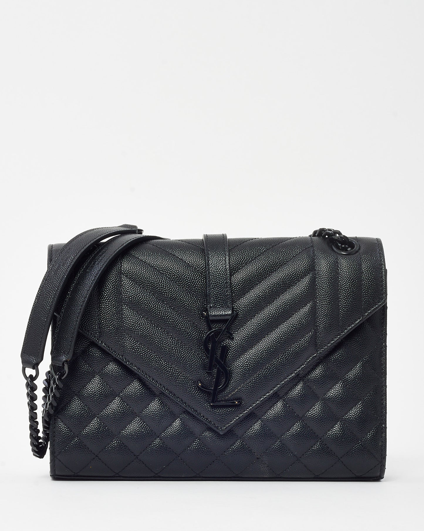 Saint Laurent Black Quilted Embossed Leather Medium Black YSL Logo Envelope Flap Bag