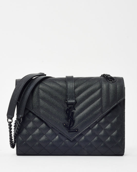 Saint Laurent Black Quilted Embossed Leather Medium Black YSL Logo Envelope Flap Bag