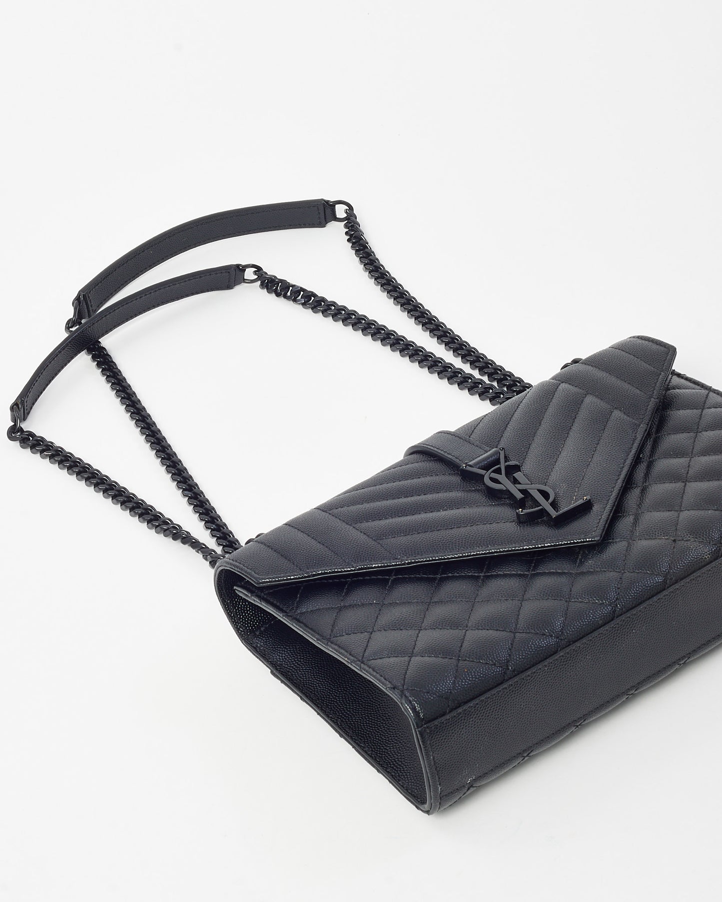 Saint Laurent Black Quilted Embossed Leather Medium Black YSL Logo Envelope Flap Bag