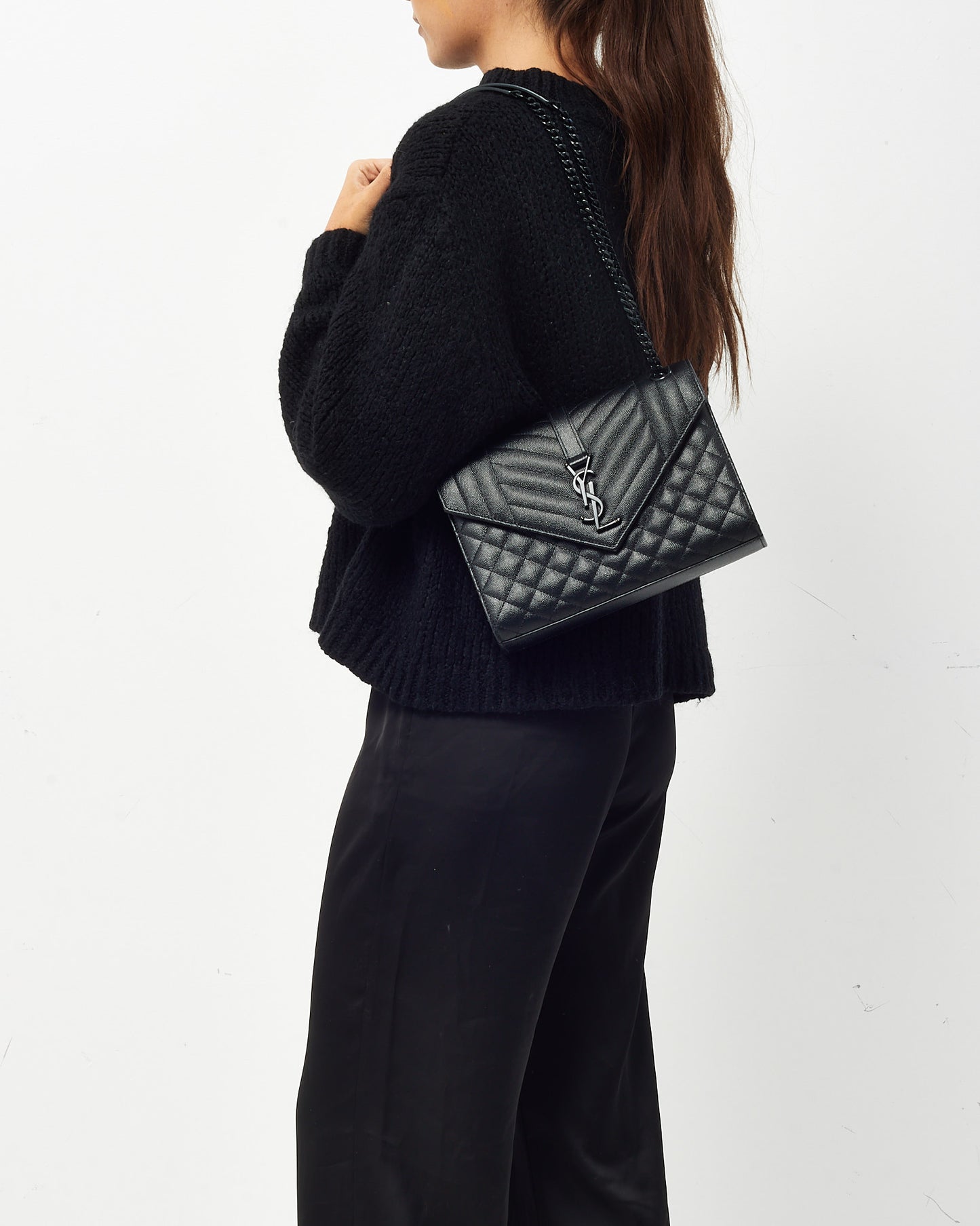 Saint Laurent Black Quilted Embossed Leather Medium Black YSL Logo Envelope Flap Bag