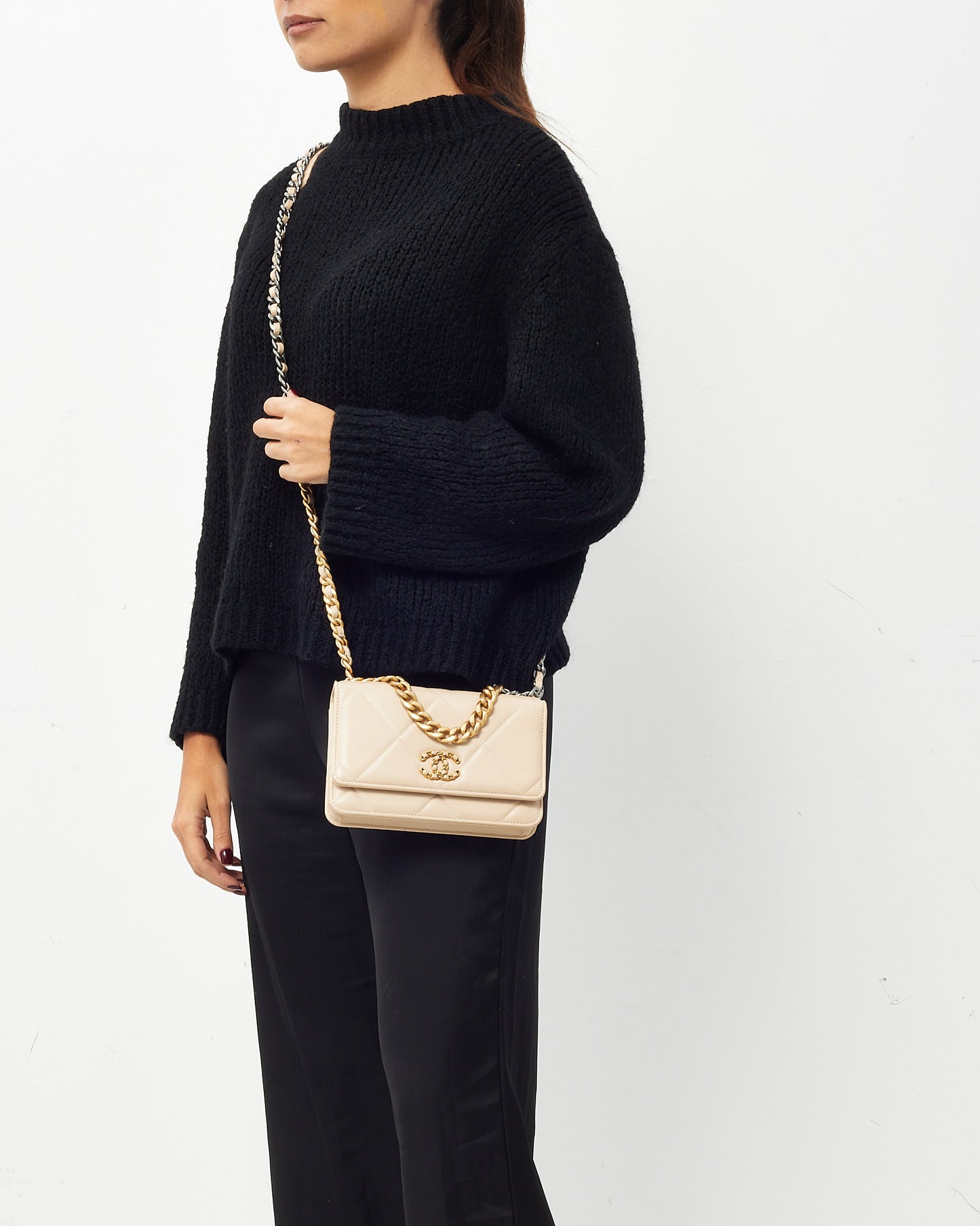 Chanel Beige Shiny Lambskin Quilted Leather Chanel 19 WOC Wallet on Chain Crossbody Bag