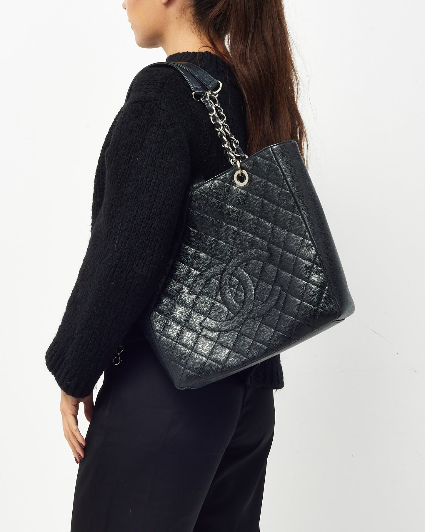 Chanel Black Caviar Quilted Leather Vertical GST Shopping Tote SHW