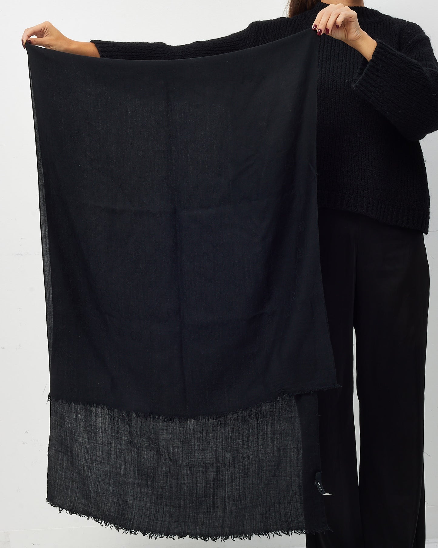 Gucci Black GG Monogram Jacquard Wool and Silk Blend Scarf