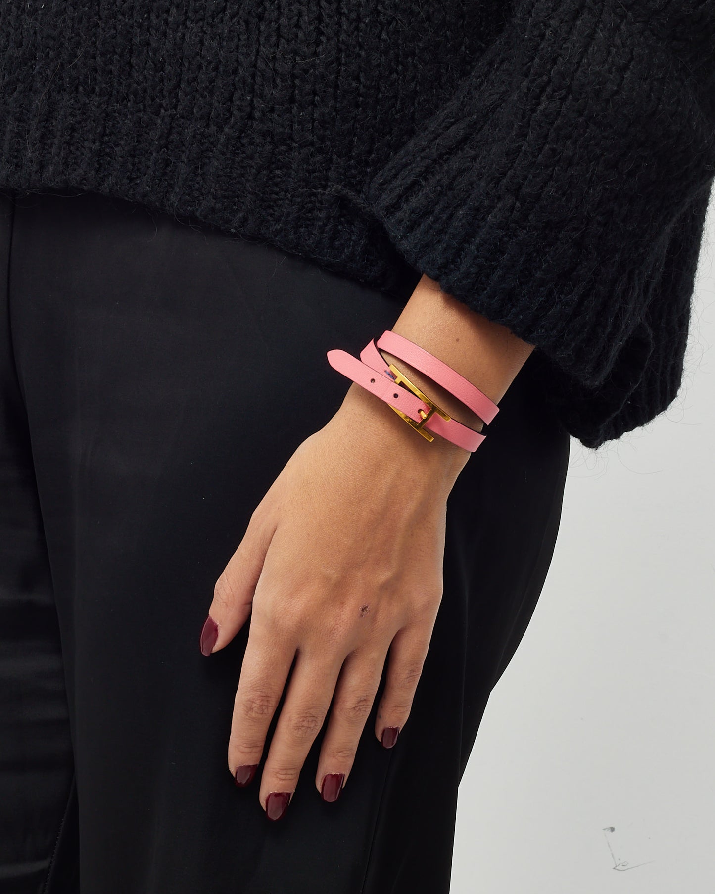 Hermès Pink and Navy Leather GHW Behapi Double Tour Bracelet - T2/S