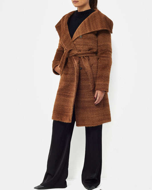 Max Mara Rust-Brown Alpaca and Wool Textured Wrap Coat - US 2