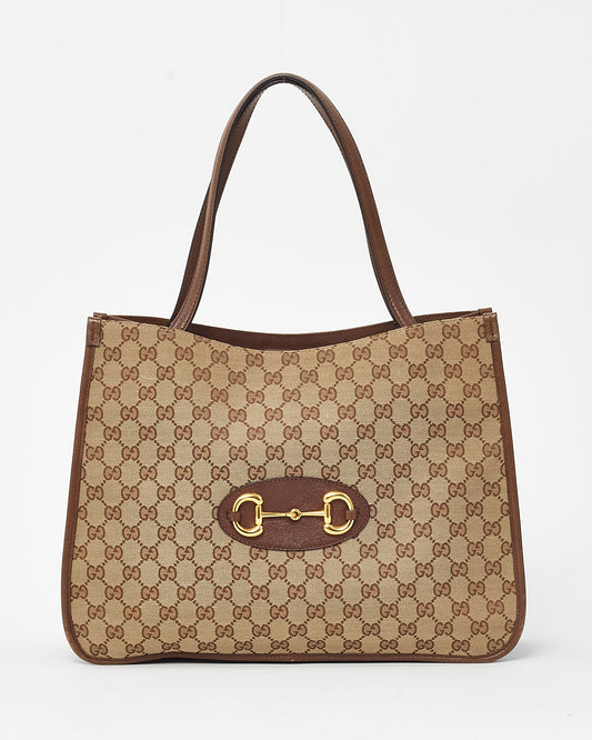 Gucci Beige and Brown GG Monogram Canvas Horsebit 1955 Tote Bag