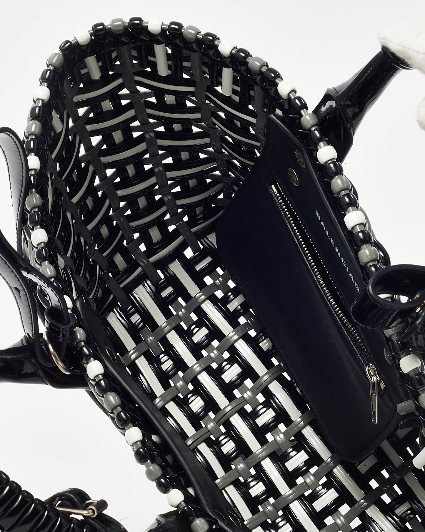 Balenciaga Black/White/Grey Patent Leather Woven Bistro XS Basket Bag with Strap