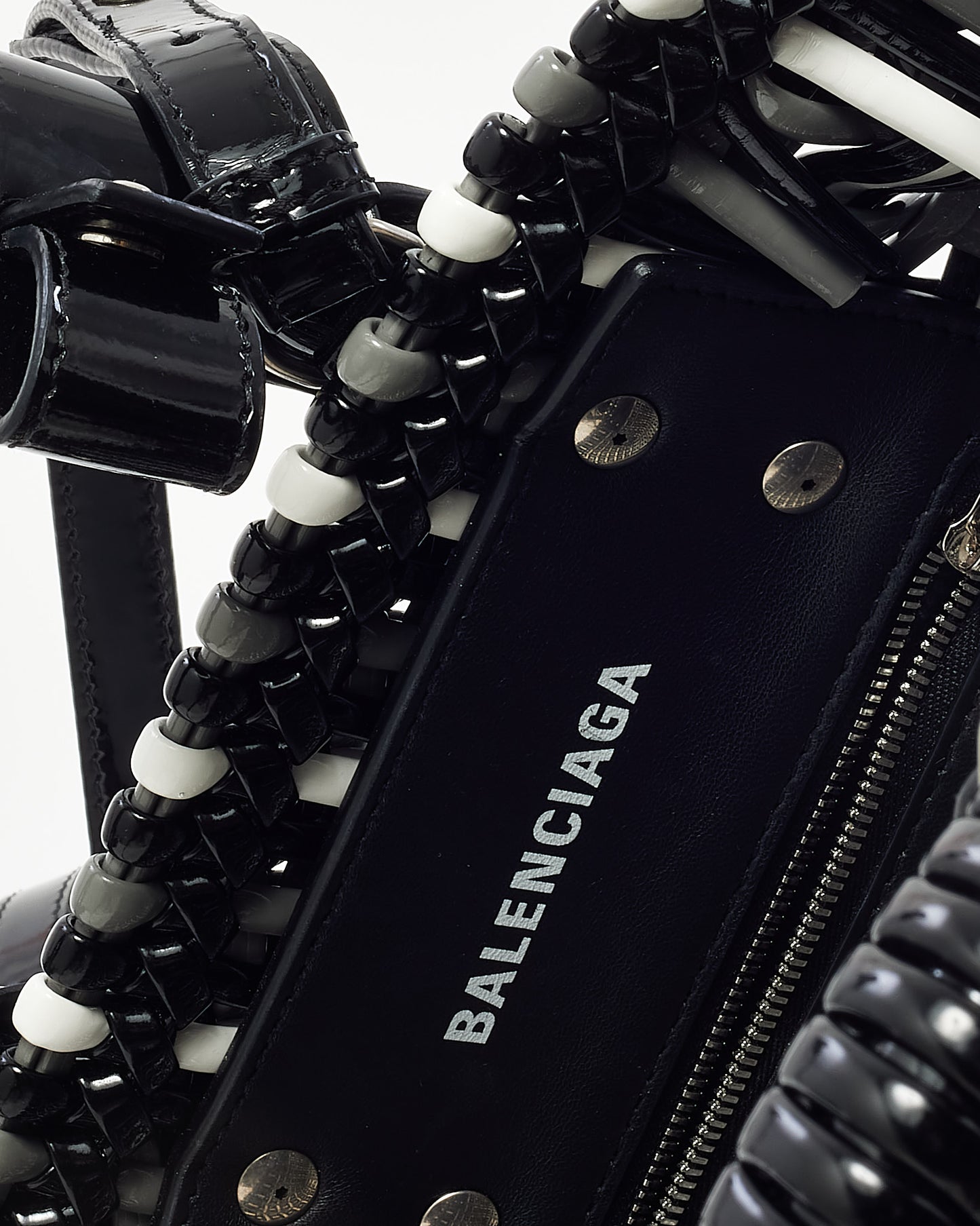 Balenciaga Black/White/Grey Patent Leather Woven Bistro XS Basket Bag with Strap