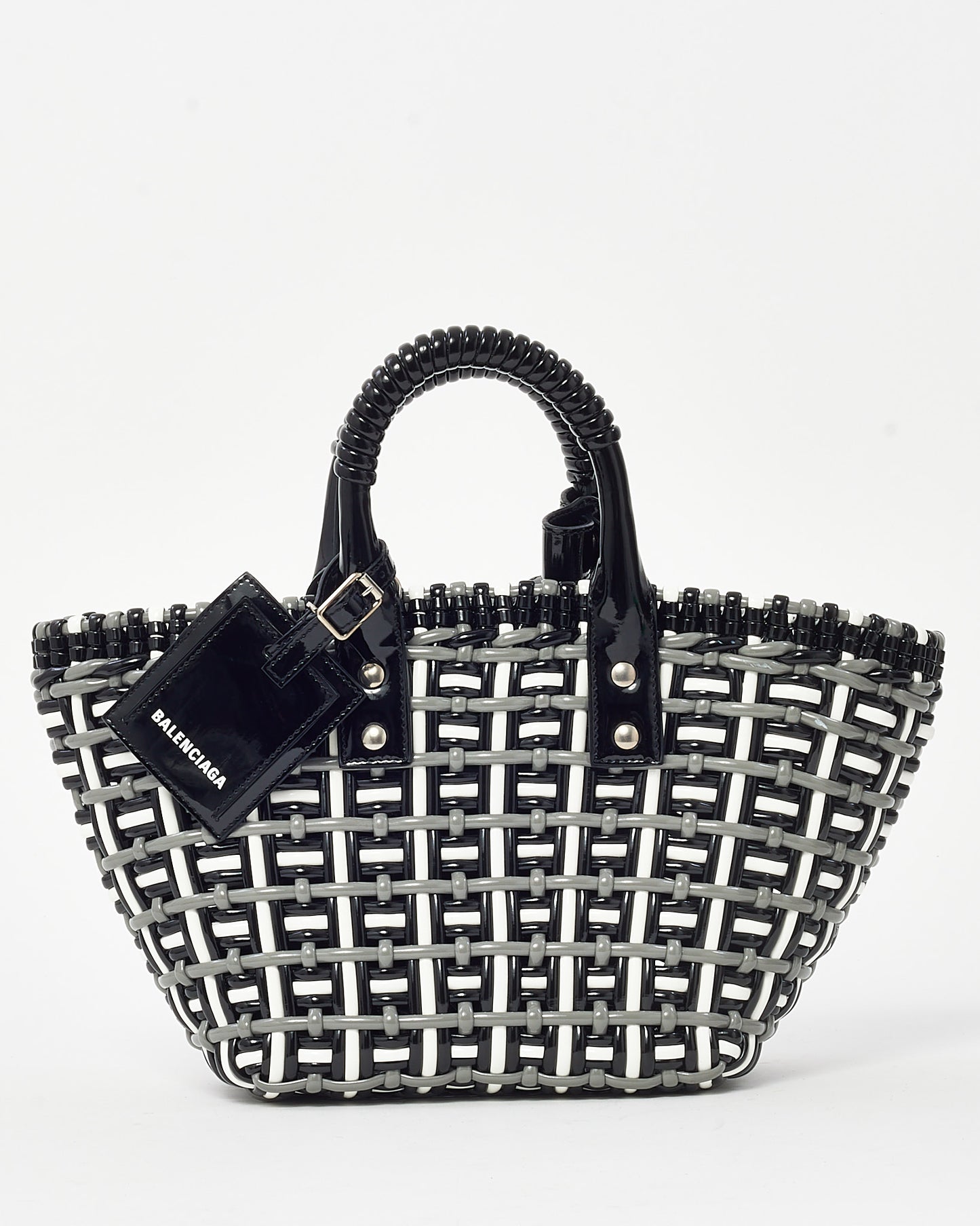 Balenciaga Black/White/Grey Patent Leather Woven Bistro XS Basket Bag with Strap
