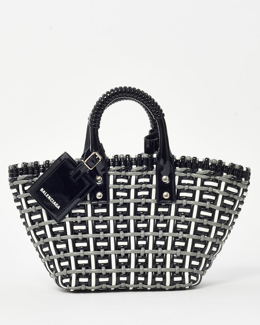 Balenciaga Black/White/Grey Patent Leather Woven Bistro XS Basket Bag with Strap