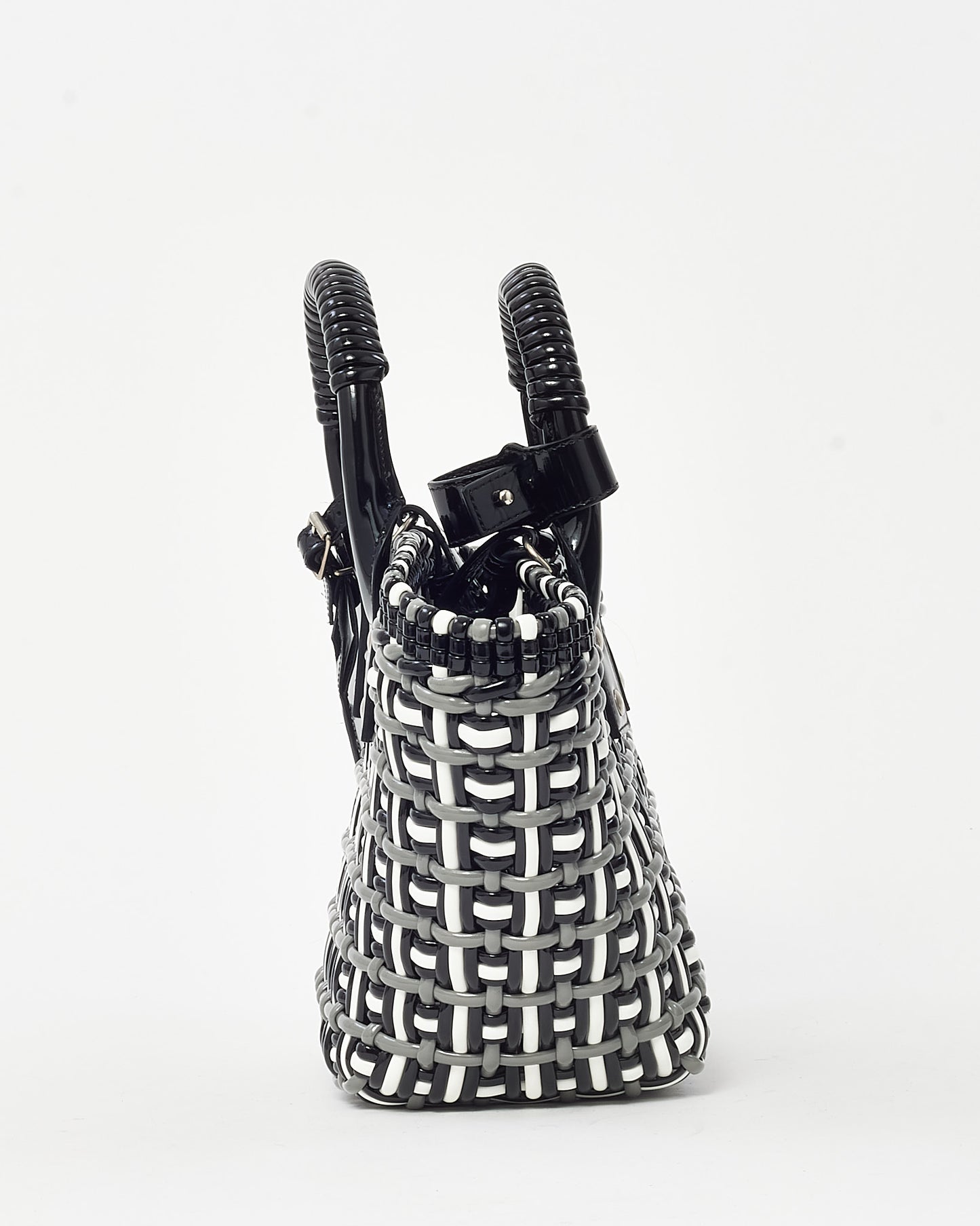 Balenciaga Black/White/Grey Patent Leather Woven Bistro XS Basket Bag with Strap