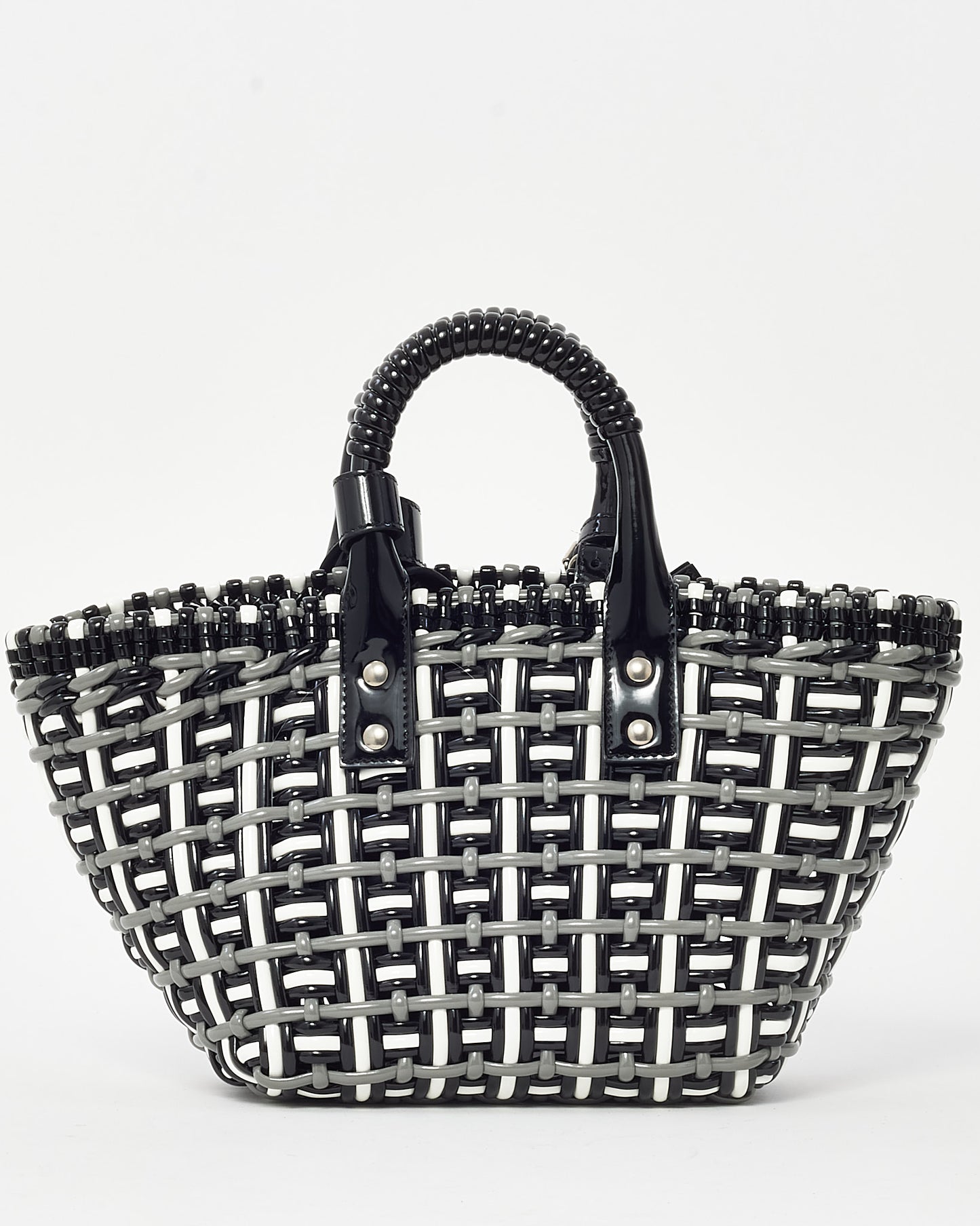Balenciaga Black/White/Grey Patent Leather Woven Bistro XS Basket Bag with Strap